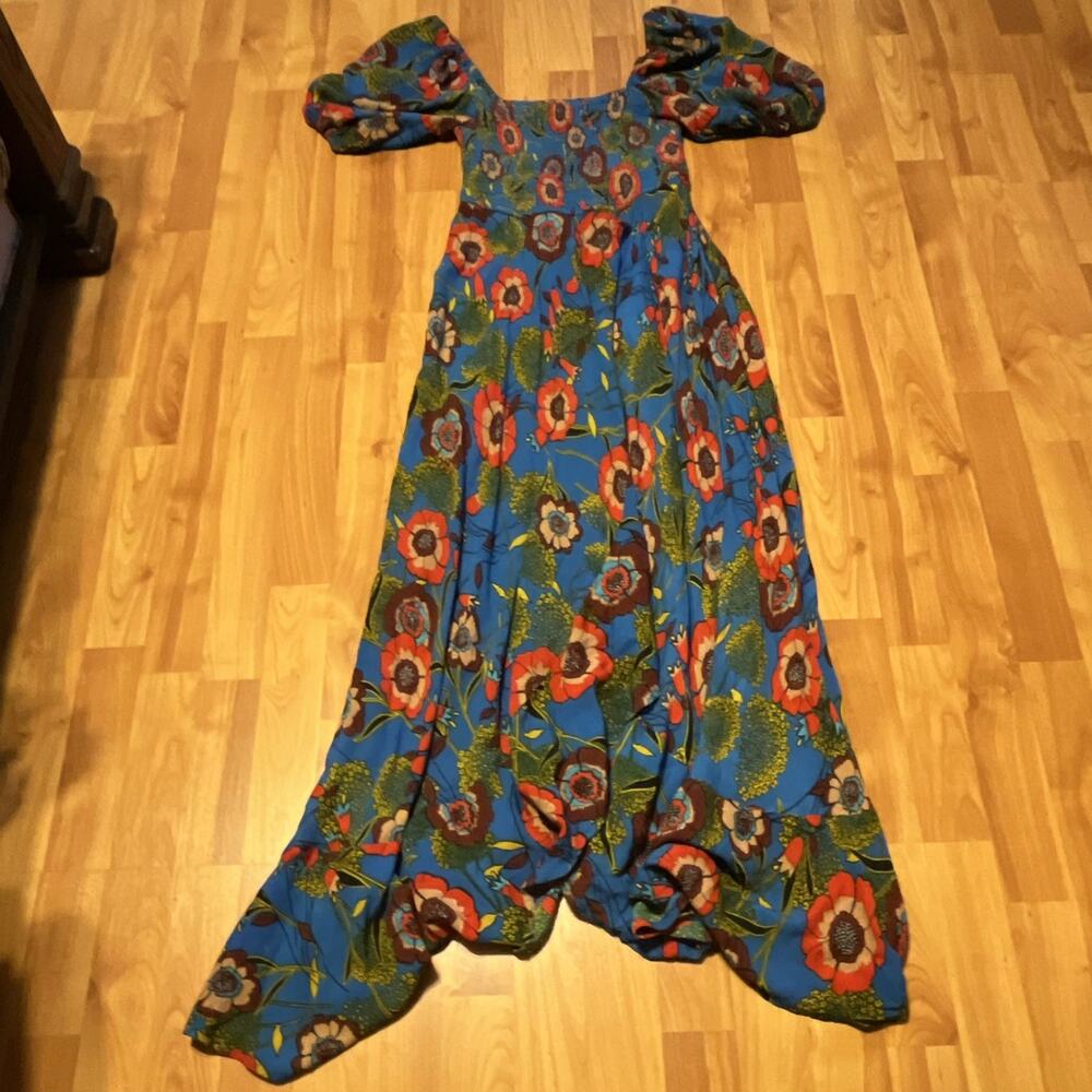 Band of Gypsies S Boho Blue Floral Smocked Square Neck Puff Sleeve Maxi Dress